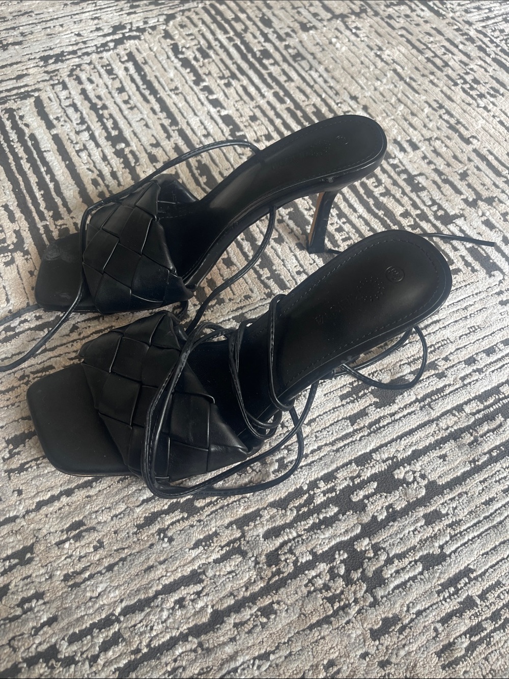 Amazon Black Woven Lace-Up High Heel Mules